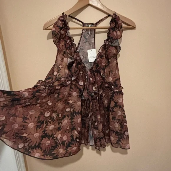 NWT Free People Floral Ruffle V-Neck Sheer Camisole - Brown & Pink - Picture 2 of 9